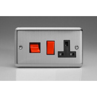 Varilight Classic 45A Cooker Panel with 13A Double Pole Switched Socket Outlet (Red Rocker) Black Matt Chrome Black/Red Inserts