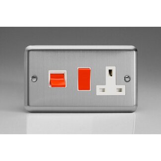 Varilight Classic 45A Cooker Panel with 13A Double Pole Switched Socket Outlet (Red Rocker) White Matt Chrome White/Red Inserts