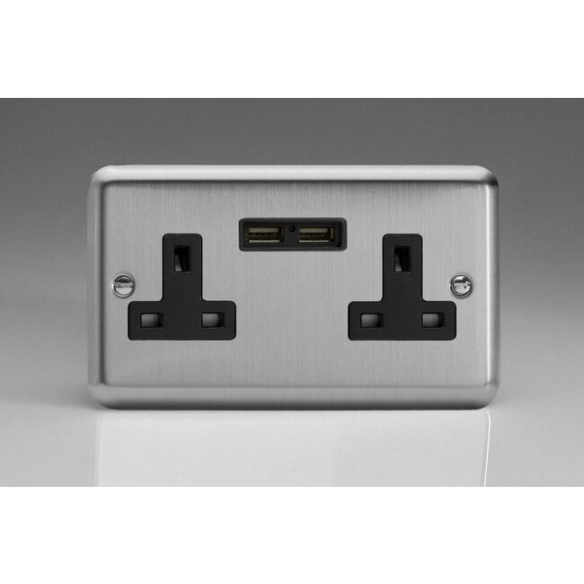Varilight Classic 2-Gang 13A Unswitched Socket + 2x5V DC 2100mA USB Charging Ports Black Matt Chrome Black Inserts
