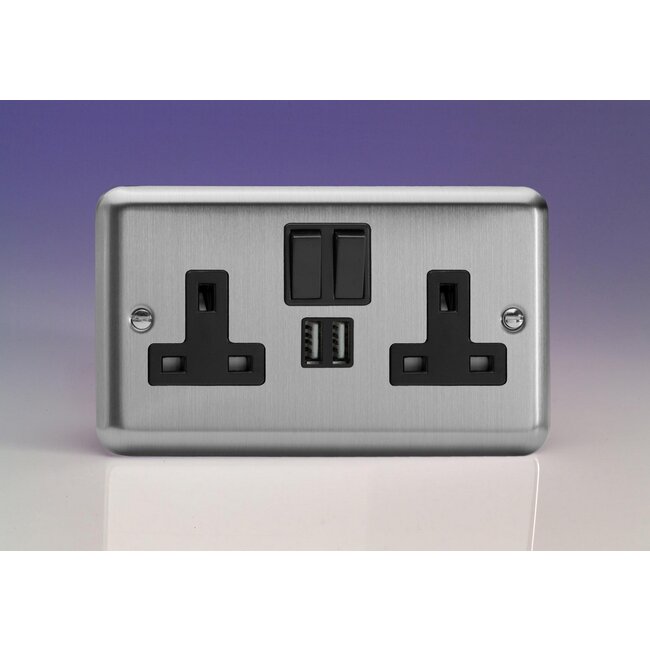 Varilight Classic 2-Gang 13A Single Pole Switched Socket + 2x5V DC 2100mA USB Charging Ports  Black Matt Chrome Black Inserts