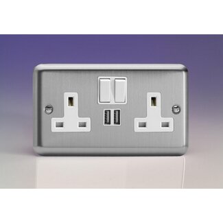 Varilight Classic 2-Gang 13A Single Pole Switched Socket + 2x5V DC 2100mA USB Charging Ports  White Matt Chrome White Inserts