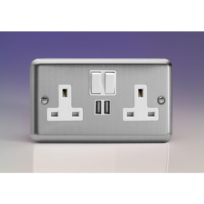Varilight Classic 2-Gang 13A Single Pole Switched Socket + 2x5V DC 2100mA USB Charging Ports  White Matt Chrome White Inserts