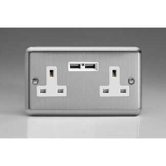Varilight Classic 2-Gang 13A Unswitched Socket + 2x5V DC 2100mA USB Charging Ports White Matt Chrome White Inserts