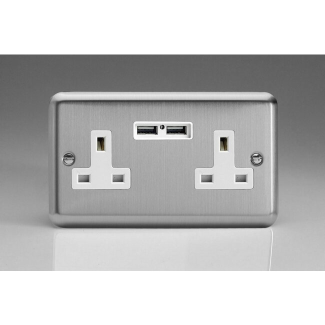 Varilight Classic 2-Gang 13A Unswitched Socket + 2x5V DC 2100mA USB Charging Ports White Matt Chrome White Inserts