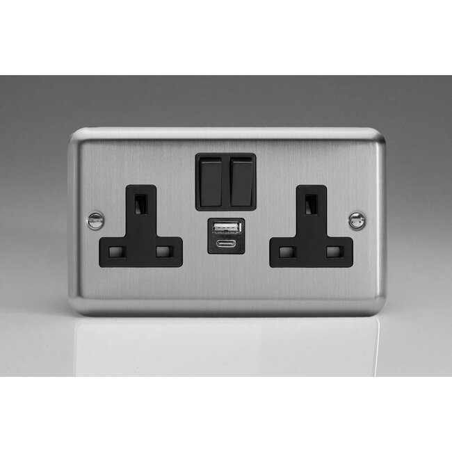Varilight Classic 2-Gang 13A Single Pole Switched Socket with 1x USB A & 1x USB C Charging Ports Black Matt Chrome Black Insert