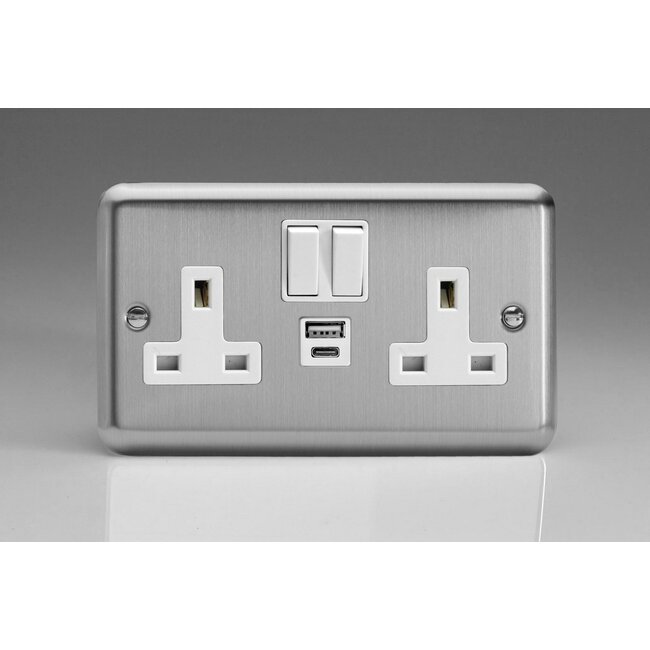 Varilight Classic 2-Gang 13A Single Pole Switched Socket with 1x USB A & 1x USB C Charging Ports White Matt Chrome White Insert