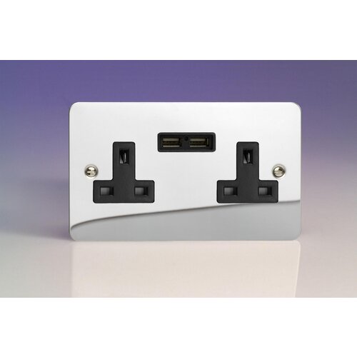Varilight Ultraflat 2-Gang 13A Unswitched Socket + 2x5V DC 2100mA USB Charging Ports Black Polished Chrome Black Inserts Varilight Ultraflat 2-Gang 13A Unswitched Socket + 2x5V DC 2100mA USB Charging Ports Black Polished Chrome Black Inserts