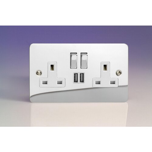 Varilight Ultraflat 2-Gang 13A Single Pole Switched Socket with Metal Rockers + 2x5V DC 2100mA USB Charging Ports White Polished Chrome Chrome/White Inserts Varilight Ultraflat 2-Gang 13A Single Pole Switched Socket with Metal Rockers + 2x5V DC 2100mA USB Charging Ports White Polished Chrome Chrome/White Inserts