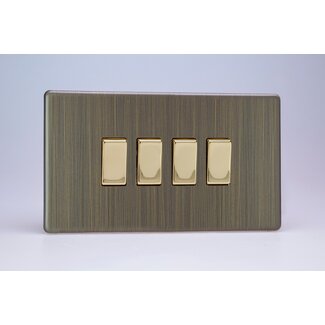 Varilight Urban Screwless 4-Gang 10A 1- or 2-Way Rocker Switch (Twin Plate) with Metal Rockers Brass Antique Brass Brass