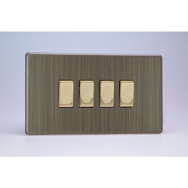 Varilight Urban Screwless 4-Gang 10A 1- or 2-Way Rocker Switch (Twin Plate) with Metal Rockers Brass Antique Brass Brass