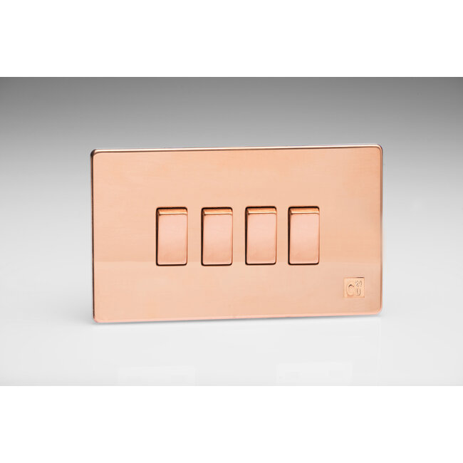 Varilight Screwless 4-Gang 10A 1- or 2-Way Rocker Switch (Twin Plate) Decorative Cu29 Raw Copper Copper Rockers