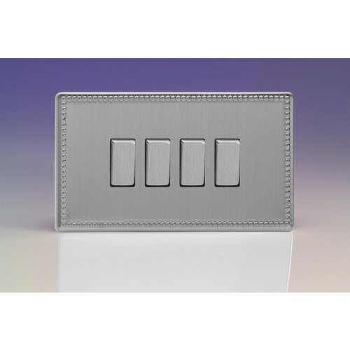 Varilight Jubilee 4-Gang 10A 1- or 2-Way Rocker Switch (Twin Plate) Decorative Brushed Steel Steel Rockers Varilight Jubilee 4-Gang 10A 1- or 2-Way Rocker Switch (Twin Plate) Decorative Brushed Steel Steel Rockers