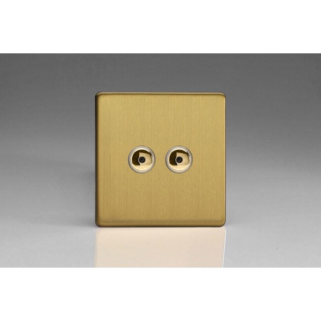 Varilight Screwless 2-Gang 1-Way Remote/Touch Control Master LED Dimmer 2 x 0-100W (1-10 LEDs) V-Pro IR Brushed Brass Brass Buttons