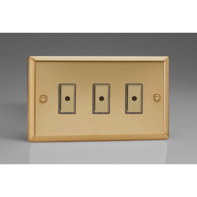Varilight Classic 3-Gang 1-Way V-Pro Multi-Point Remote/Tactile Touch Control Master LED Dimmer 3 x 0-100W (1-10 LEDs) (Twin Plate) V-Pro Multi-Point Remote (formerly Eclique2) Victorian Brass Brass Buttons