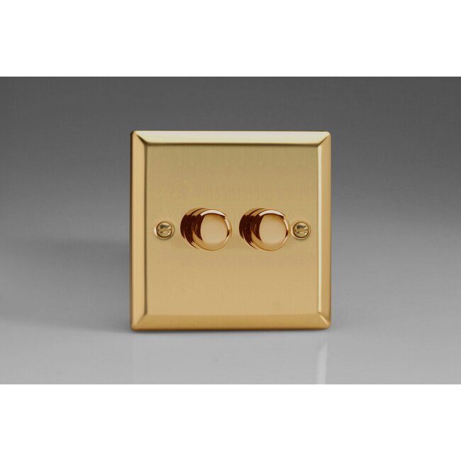 Varilight Classic 2-Gang 2-Way Push-On/Off Rotary LED Dimmer 2 x 0-120W (1-10 LEDs) V-Pro Victorian Brass Brass Knobs