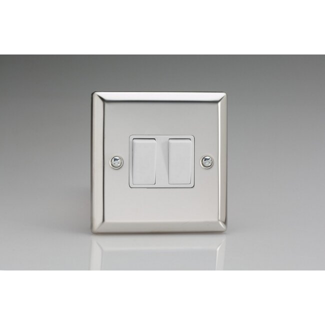 Varilight Classic 2-Gang 10A 1- or 2-Way Rocker Switch White Mirror Chrome White Rockers