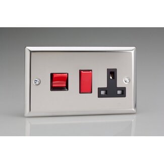 Varilight Classic 45A Cooker Panel with 13A Double Pole Switched Socket Outlet (Red Rocker) Black Mirror Chrome Black/Red Inserts