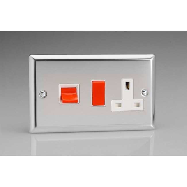 Varilight Classic 45A Cooker Panel with 13A Double Pole Switched Socket Outlet (Red Rocker) White Mirror Chrome White/Red Inserts