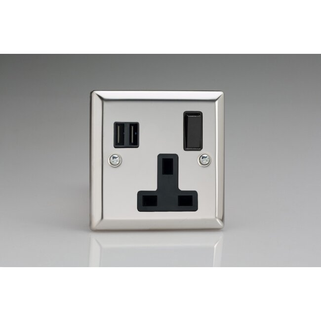 Varilight Classic 1-Gang 13A Single Pole Switched Socket + 2x5V DC 3400mA USB Charging Ports  Black Mirror Chrome Black Inserts