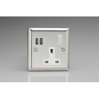 Varilight Classic 1-Gang 13A Single Pole Switched Socket + 2x5V DC 3400mA USB Charging Ports  White Mirror Chrome White Inserts