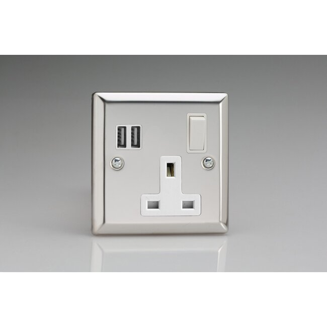 Varilight Classic 1-Gang 13A Single Pole Switched Socket + 2x5V DC 3400mA USB Charging Ports  White Mirror Chrome White Inserts