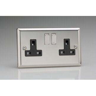 Varilight Classic 2-Gang 13A Double Pole Switched Socket Black Mirror Chrome Chrome/Black Inserts