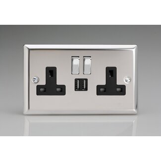 Varilight Classic 2-Gang 13A Single Pole Switched Socket with Metal Rockers + 2x5V DC 2100mA USB Charging Ports  Black Mirror Chrome Chrome/Black Inserts