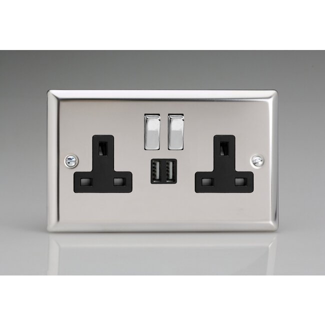 Varilight Classic 2-Gang 13A Single Pole Switched Socket with Metal Rockers + 2x5V DC 2100mA USB Charging Ports  Black Mirror Chrome Chrome/Black Inserts