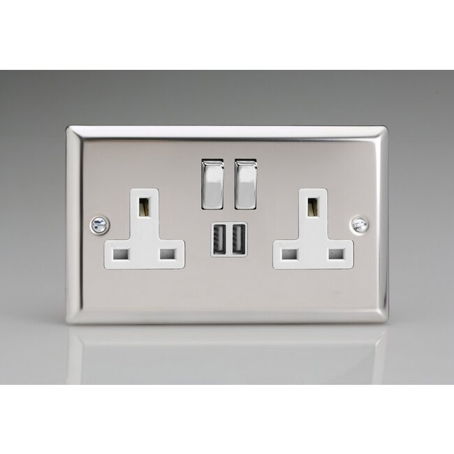 Varilight Classic 2-Gang 13A Single Pole Switched Socket with Metal Rockers + 2x5V DC 2100mA USB Charging Ports  White Mirror Chrome Chrome/White Inserts