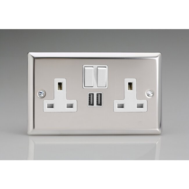 Varilight Classic 2-Gang 13A Single Pole Switched Socket + 2x5V DC 2100mA USB Charging Ports  White Mirror Chrome White Inserts