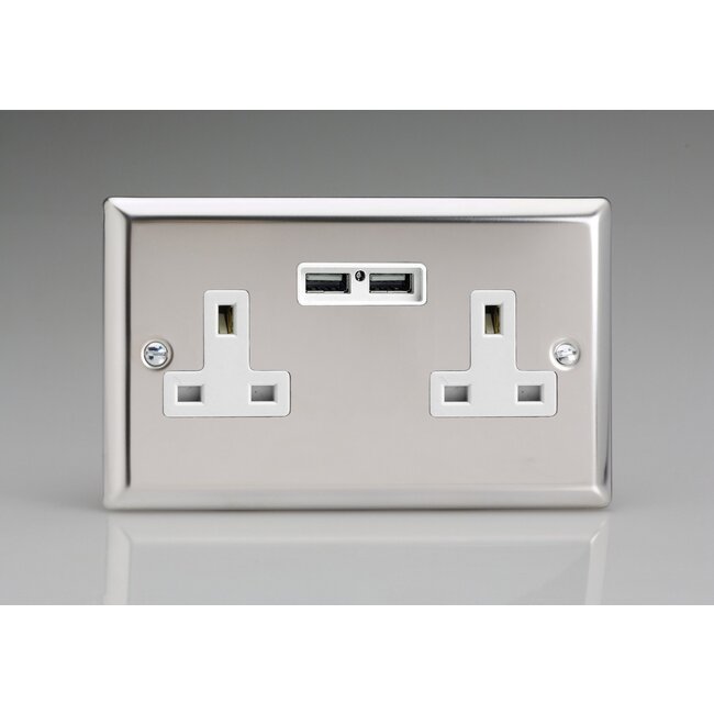 Varilight Classic 2-Gang 13A Unswitched Socket + 2x5V DC 2100mA USB Charging Ports  White Mirror Chrome White Inserts