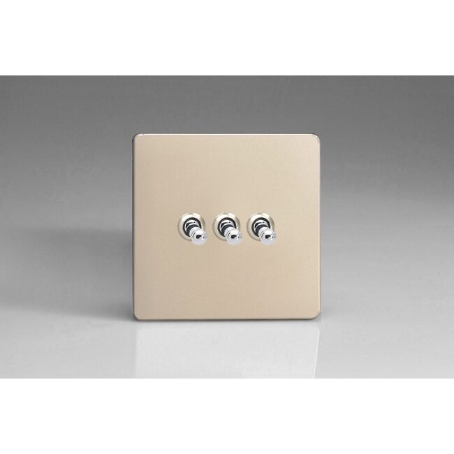 Varilight Screwless 3-Gang 10A 1- or 2-Way Toggle Switch Decorative Satin Chrome Toggles