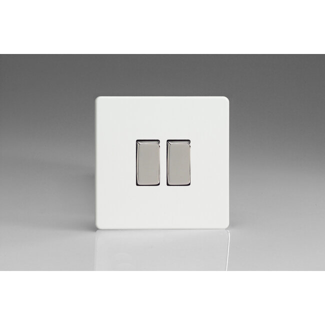 Varilight Screwless 2-Gang 10A 1- or 2-Way Rocker Switch Decorative Premium White Chrome Rockers
