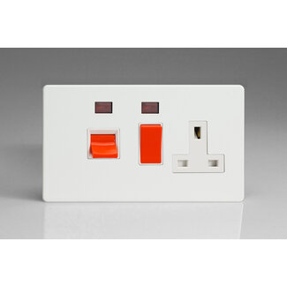 Varilight Screwless 45A Cooker Panel + Neon with 13A Double Pole Switched Socket Outlet (Red Rocker) White Premium White White/Red Inserts