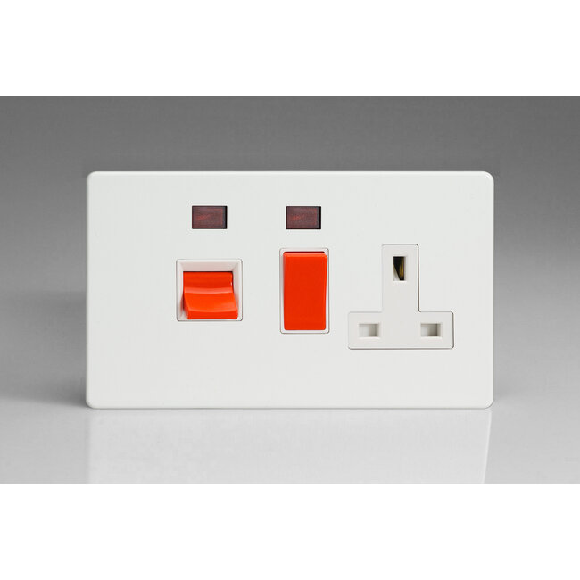 Varilight Screwless 45A Cooker Panel + Neon with 13A Double Pole Switched Socket Outlet (Red Rocker) White Premium White White/Red Inserts