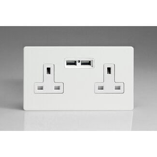 Varilight Screwless 2-Gang 13A Unswitched Socket + 2x5V DC 2100mA USB Charging Ports White Premium White White Inserts
