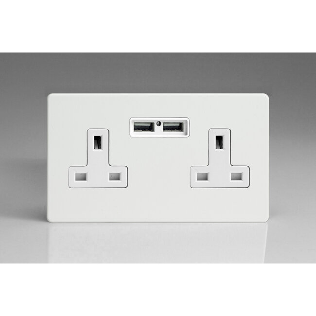 Varilight Screwless 2-Gang 13A Unswitched Socket + 2x5V DC 2100mA USB Charging Ports White Premium White White Inserts