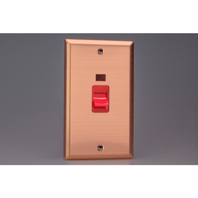 Varilight Urban 45A Cooker Switch + Neon (Vertical Twin Plate, Red Rocker) Red Brushed Copper Red Insert