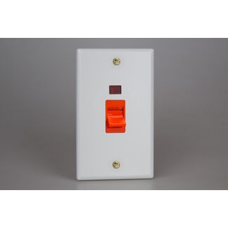 Varilight Vogue 45A Cooker Switch + Neon (Vertical Twin Plate, Red Rocker) Red Matt White Polished Brass