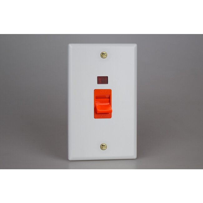 Varilight Vogue 45A Cooker Switch + Neon (Vertical Twin Plate, Red Rocker) Red Matt White Polished Brass
