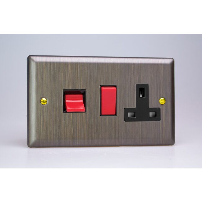 Varilight Urban 45A Cooker Panel with 13A Double Pole Switched Socket Outlet (Red Rocker) Black Antique Brass Black