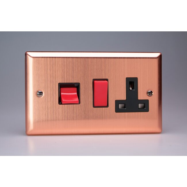 Varilight Urban 45A Cooker Panel with 13A Double Pole Switched Socket Outlet (Red Rocker) Black Brushed Copper Black/Red Inserts