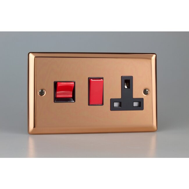 Varilight Urban 45A Cooker Panel with 13A Double Pole Switched Socket Outlet (Red Rocker) Black Polished Copper Black/Red Inserts