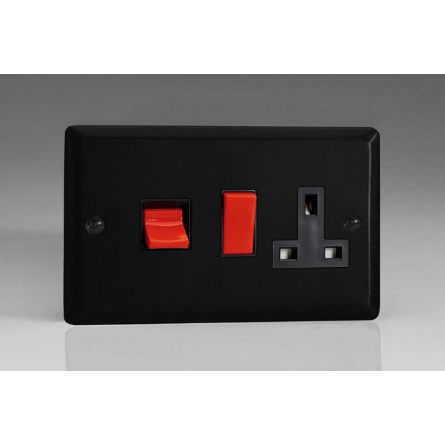 Varilight Urban/Vogue 45A Cooker Panel with 13A Double Pole Switched Socket Outlet (Red Rocker) Black Matt Black Black/Red Inserts