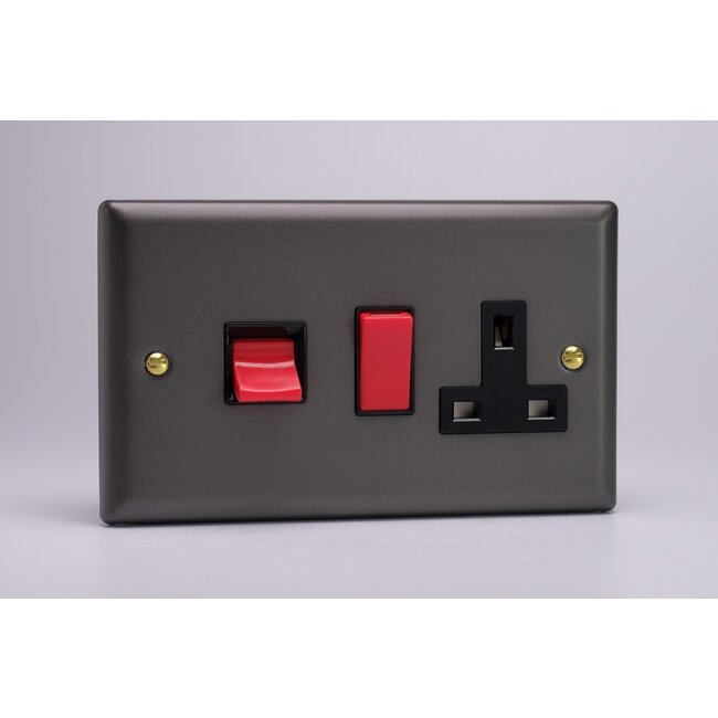 Varilight Vogue 45A Cooker Panel with 13A Double Pole Switched Socket Outlet (Red Rocker) Black Slate Black
