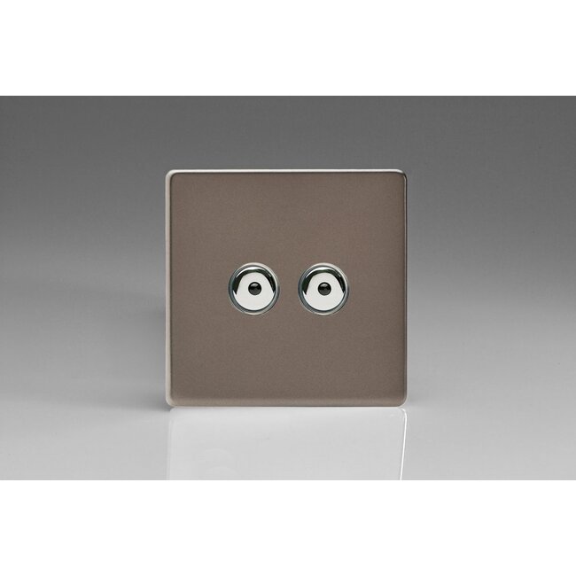 Varilight Screwless 2-Gang 1-Way Remote/Touch Control Master LED Dimmer 2 x 0-100W (1-10 LEDs) V-Pro IR Pewter Chrome Buttons
