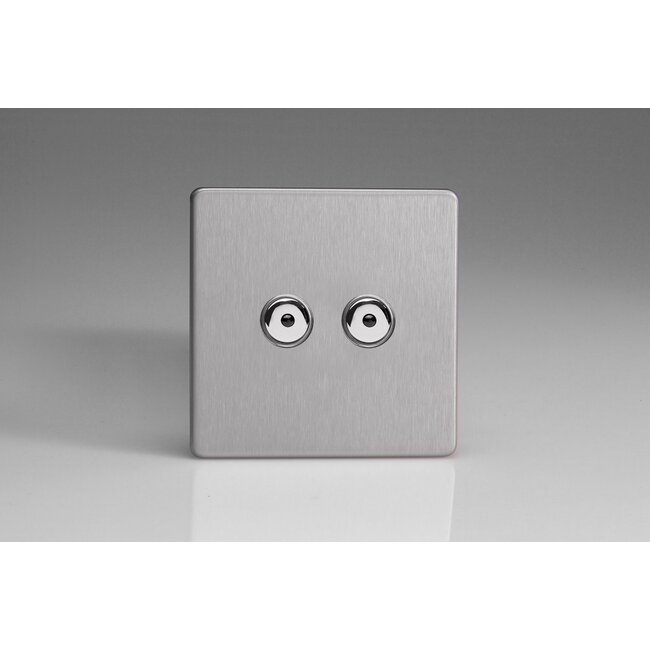Varilight Screwless 2-Gang 1-Way Remote/Touch Control Master LED Dimmer 2 x 0-100W (1-10 LEDs) V-Pro IR Brushed Steel Chrome Buttons