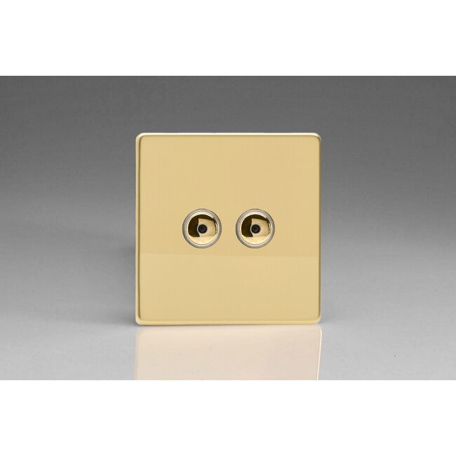 Varilight Screwless 2-Gang 1-Way Remote/Touch Control Master LED Dimmer 2 x 0-100W (1-10 LEDs) V-Pro IR Polished Brass Brass Buttons