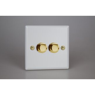 Varilight Vogue 2-Gang 2-Way Push-On/Off Rotary LED Dimmer 2 x 0-120W (1-10 LEDs) V-Pro Matt White Polished Brass