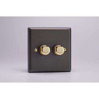 Varilight Vogue 2-Gang 2-Way Push-On/Off Rotary LED Dimmer 2 x 0-100W (1-10 LEDs) V-Pro Slate Brass Knobs